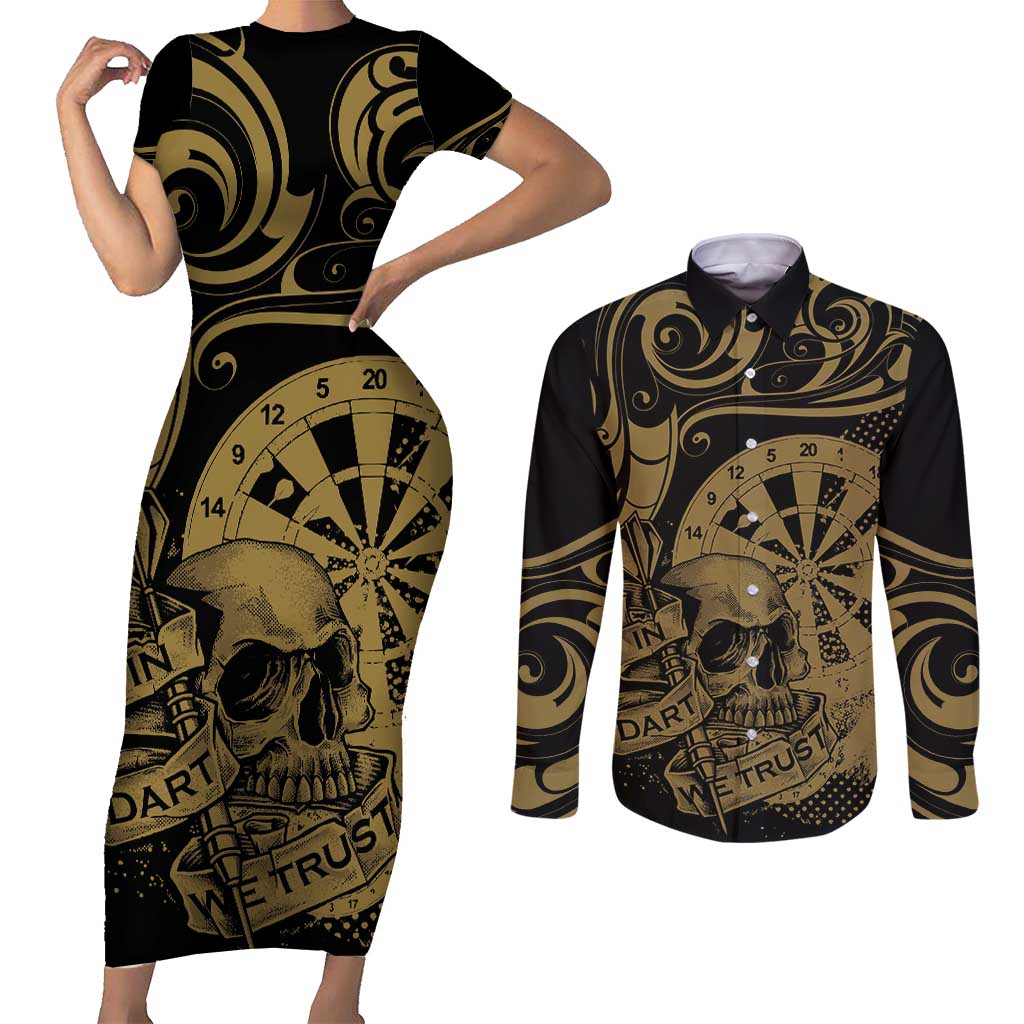 New Zealand Darts Couples Matching Short Sleeve Bodycon Dress and Long Sleeve Button Shirt Skull In Dart We Trust Maori Pattern - Polynesian Pride