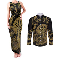 New Zealand Darts Couples Matching Tank Maxi Dress and Long Sleeve Button Shirt Skull In Dart We Trust Maori Pattern - Polynesian Pride