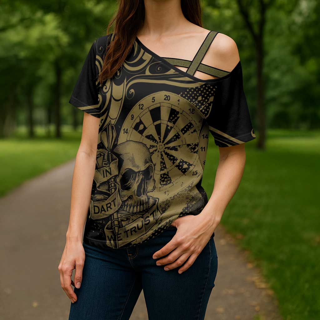 New Zealand Darts Cross Shoulder Shirt Skull In Dart We Trust Maori Pattern - Polynesian Pride