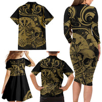 New Zealand Darts Family Matching Long Sleeve Bodycon Dress and Hawaiian Shirt Skull In Dart We Trust Maori Pattern - Polynesian Pride
