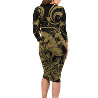New Zealand Darts Long Sleeve Bodycon Dress Skull In Dart We Trust Maori Pattern - Polynesian Pride