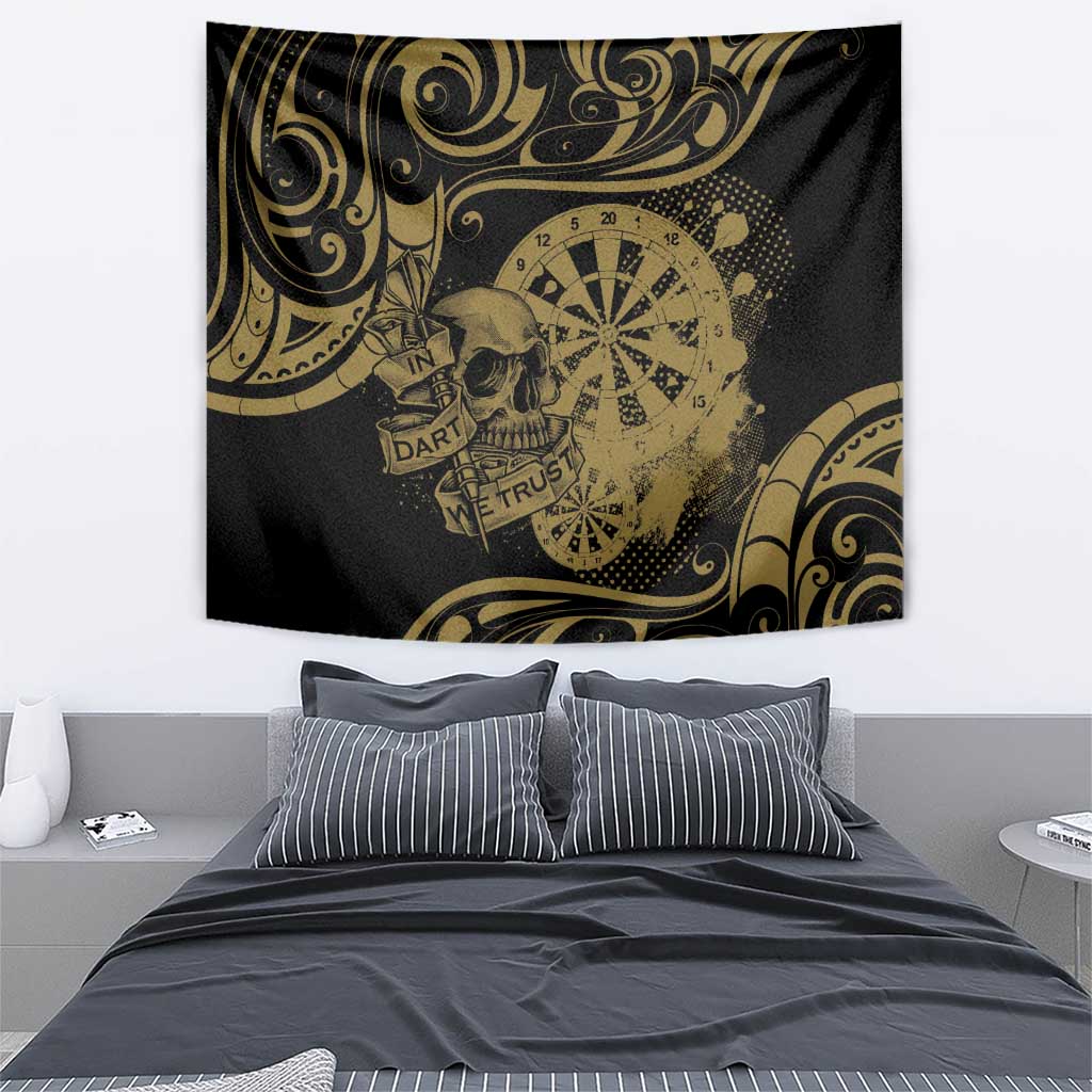 New Zealand Darts Tapestry Skull In Dart We Trust Maori Pattern - Polynesian Pride