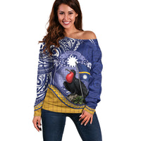Magnificent Frigatebird Nauru Off Shoulder Sweater Pandanus Weaving Polynesian Pattern LT14 Women Blue - Polynesian Pride