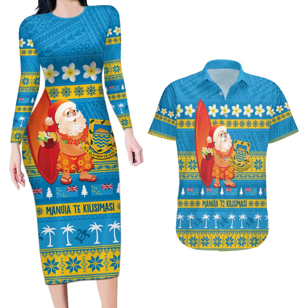 Tuvalu Christmas Couples Matching Long Sleeve Bodycon Dress and Hawaiian Shirt Cute Santa Manuia te Kilisimasi - Polynesian Pride
