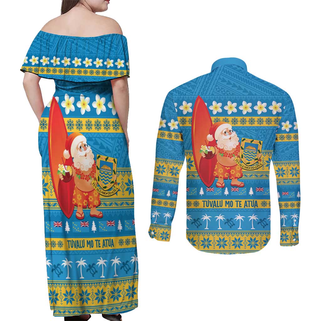 Tuvalu Christmas Couples Matching Off Shoulder Maxi Dress and Long Sleeve Button Shirt Cute Santa Manuia te Kilisimasi - Polynesian Pride