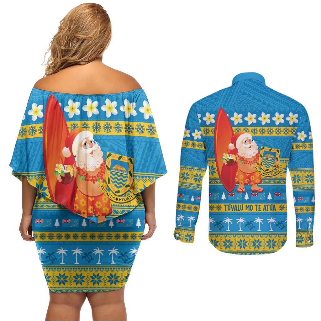 Tuvalu Christmas Couples Matching Off Shoulder Short Dress and Long Sleeve Button Shirt Cute Santa Manuia te Kilisimasi - Polynesian Pride