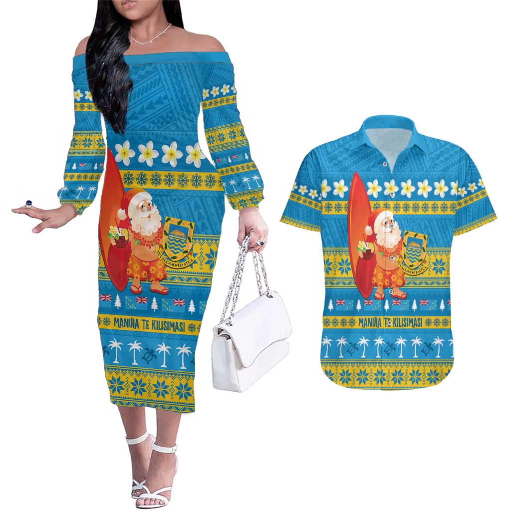 Tuvalu Christmas Couples Matching Off The Shoulder Long Sleeve Dress and Hawaiian Shirt Cute Santa Manuia te Kilisimasi - Polynesian Pride