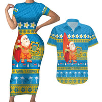 Tuvalu Christmas Couples Matching Short Sleeve Bodycon Dress and Hawaiian Shirt Cute Santa Manuia te Kilisimasi - Polynesian Pride