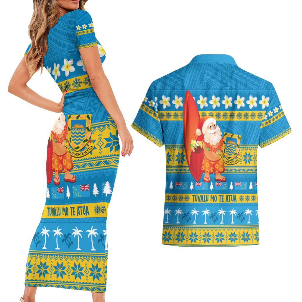 Tuvalu Christmas Couples Matching Short Sleeve Bodycon Dress and Hawaiian Shirt Cute Santa Manuia te Kilisimasi - Polynesian Pride