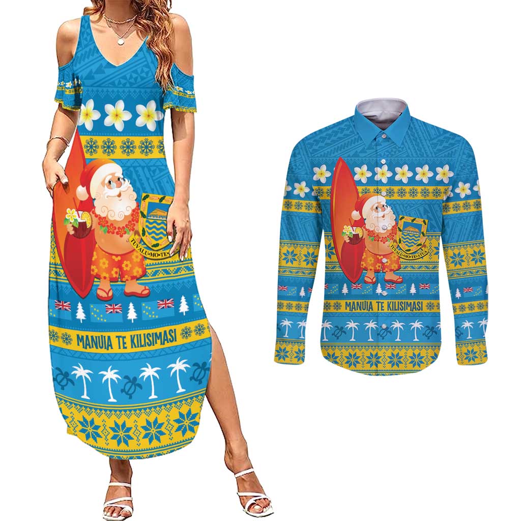 Tuvalu Christmas Couples Matching Summer Maxi Dress and Long Sleeve Button Shirt Cute Santa Manuia te Kilisimasi - Polynesian Pride