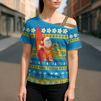Tuvalu Christmas Cross Shoulder Shirt Cute Santa Manuia te Kilisimasi - Polynesian Pride