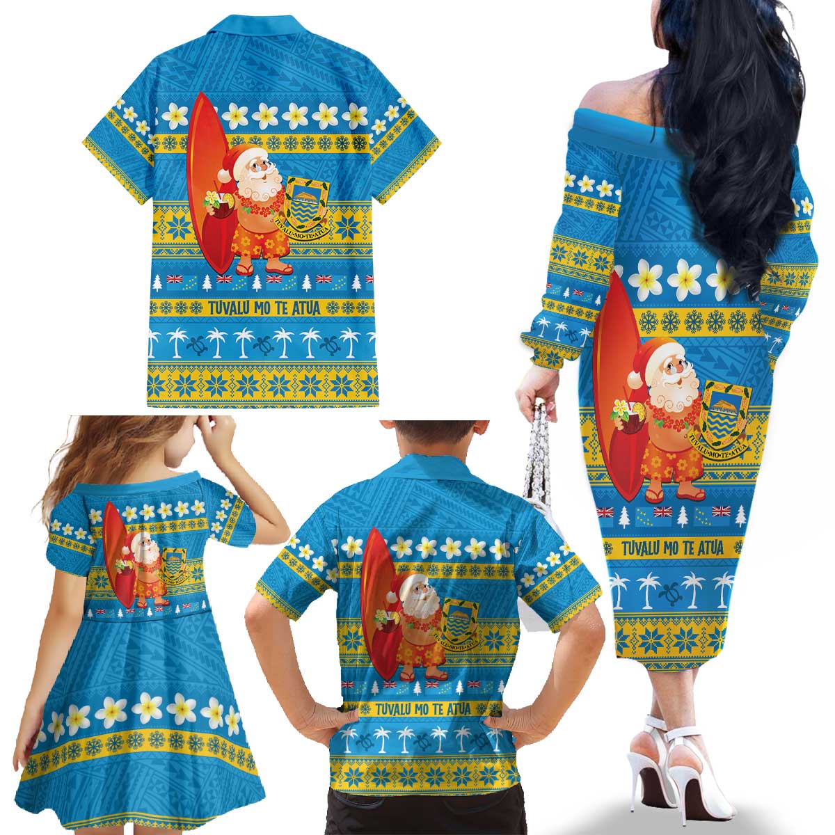 Tuvalu Christmas Family Matching Off The Shoulder Long Sleeve Dress and Hawaiian Shirt Cute Santa Manuia te Kilisimasi - Polynesian Pride
