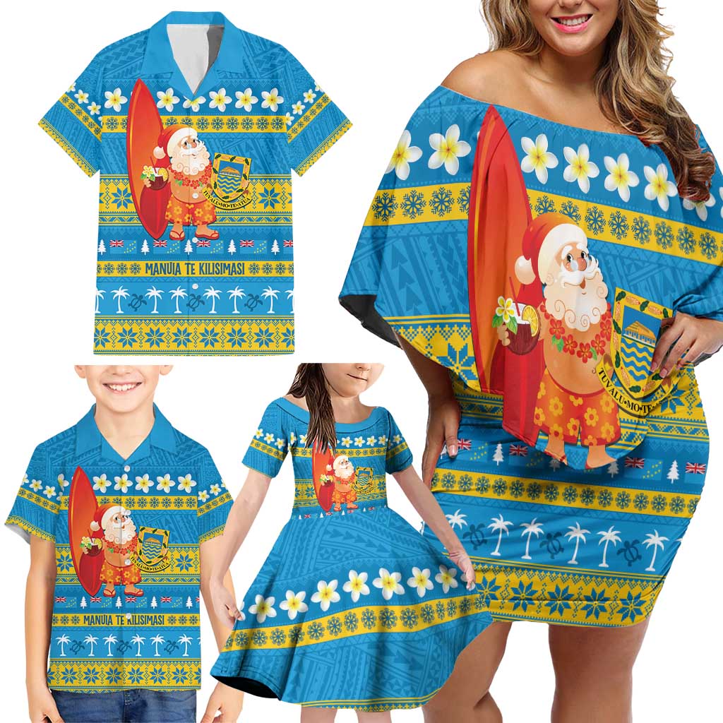 Tuvalu Christmas Family Matching Off Shoulder Short Dress and Hawaiian Shirt Cute Santa Manuia te Kilisimasi - Polynesian Pride