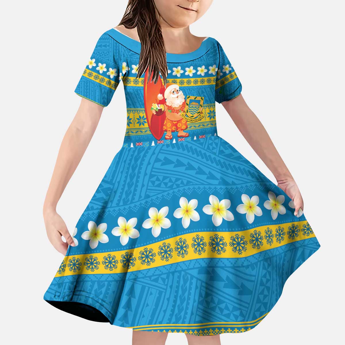 Tuvalu Christmas Kid Short Sleeve Dress Cute Santa Manuia te Kilisimasi - Polynesian Pride
