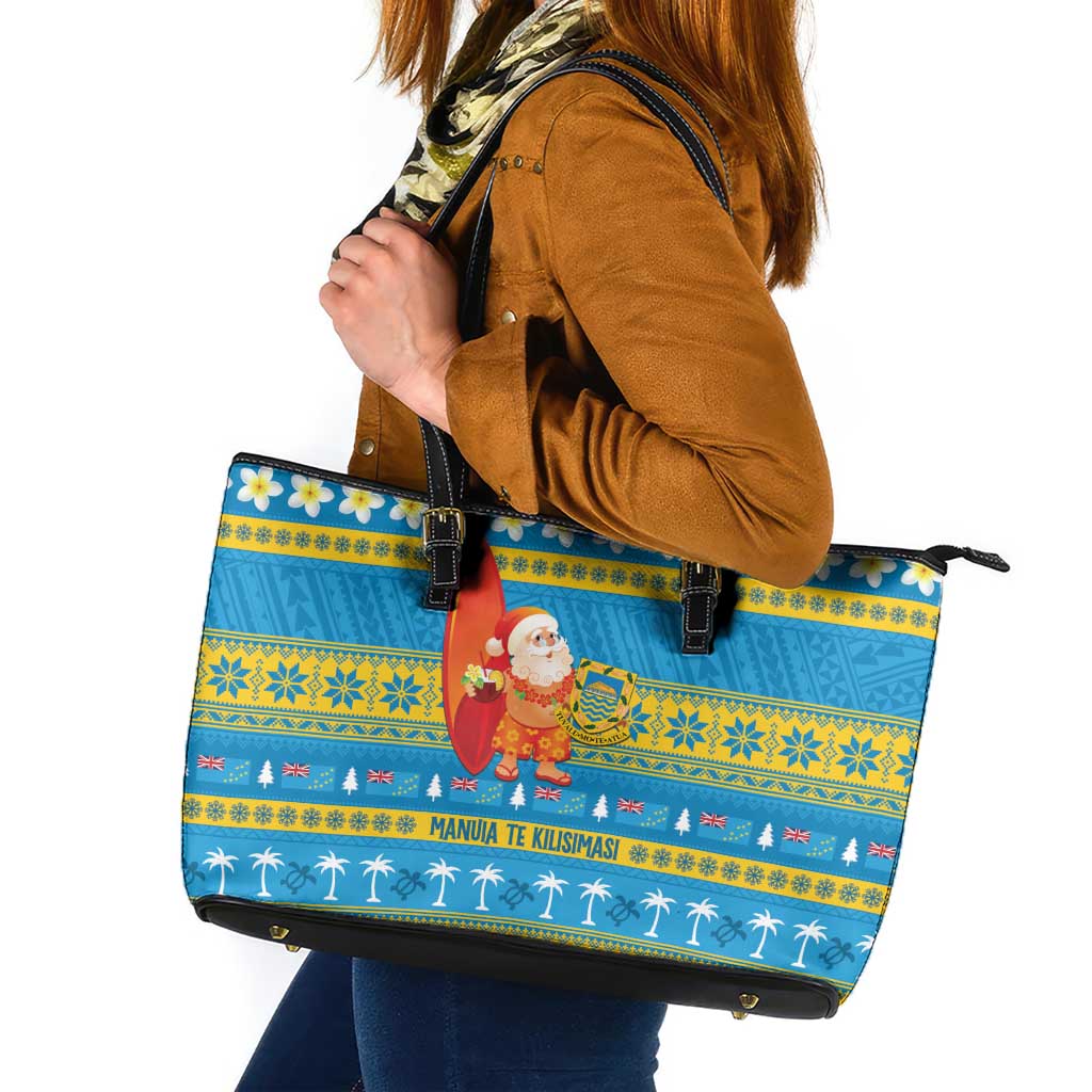 Tuvalu Christmas Leather Tote Bag Cute Santa Manuia te Kilisimasi - Polynesian Pride