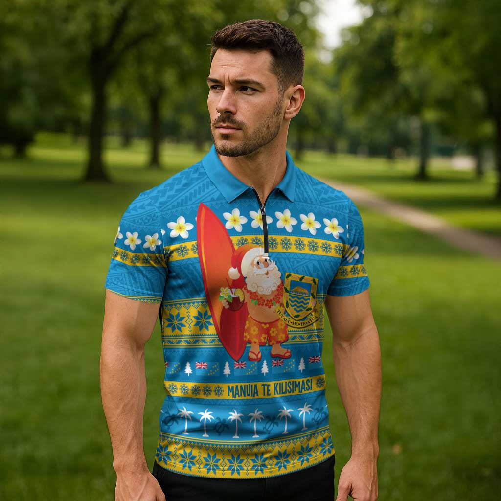 Tuvalu Christmas Zipper Polo Shirt Cute Santa Manuia te Kilisimasi - Polynesian Pride