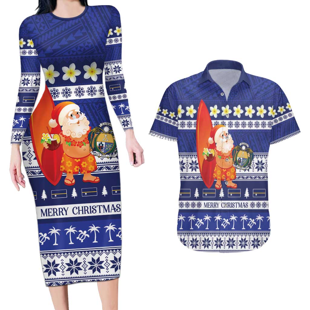 Nauru Christmas Couples Matching Long Sleeve Bodycon Dress and Hawaiian Shirt Cute Santa Coat Of Arms Merry Xmas - Polynesian Pride