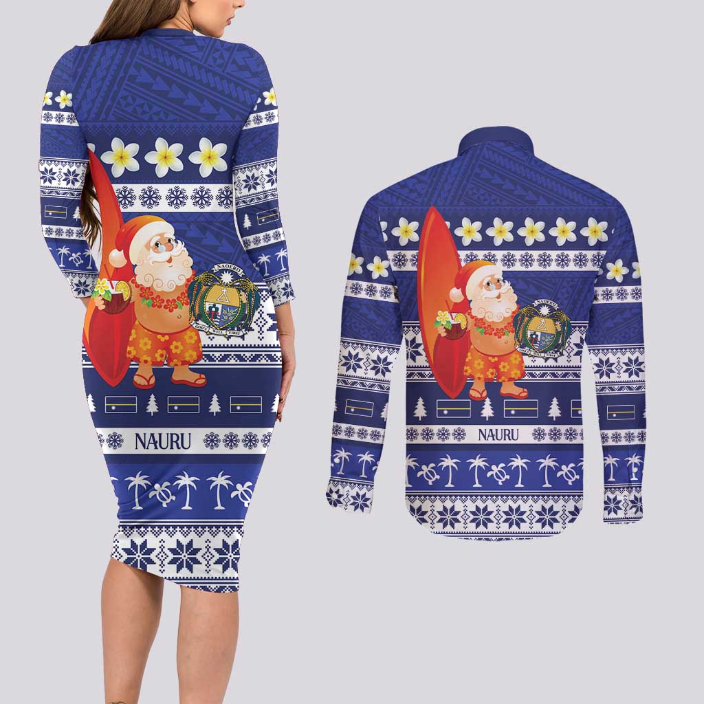 Nauru Christmas Couples Matching Long Sleeve Bodycon Dress and Long Sleeve Button Shirt Cute Santa Coat Of Arms Merry Xmas - Polynesian Pride