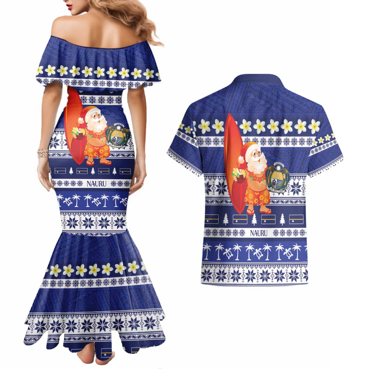 Nauru Christmas Couples Matching Mermaid Dress and Hawaiian Shirt Cute Santa Coat Of Arms Merry Xmas - Polynesian Pride