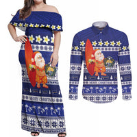 Nauru Christmas Couples Matching Off Shoulder Maxi Dress and Long Sleeve Button Shirt Cute Santa Coat Of Arms Merry Xmas - Polynesian Pride