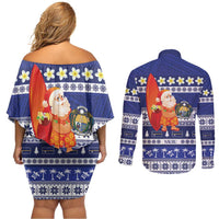 Nauru Christmas Couples Matching Off Shoulder Short Dress and Long Sleeve Button Shirt Cute Santa Coat Of Arms Merry Xmas - Polynesian Pride