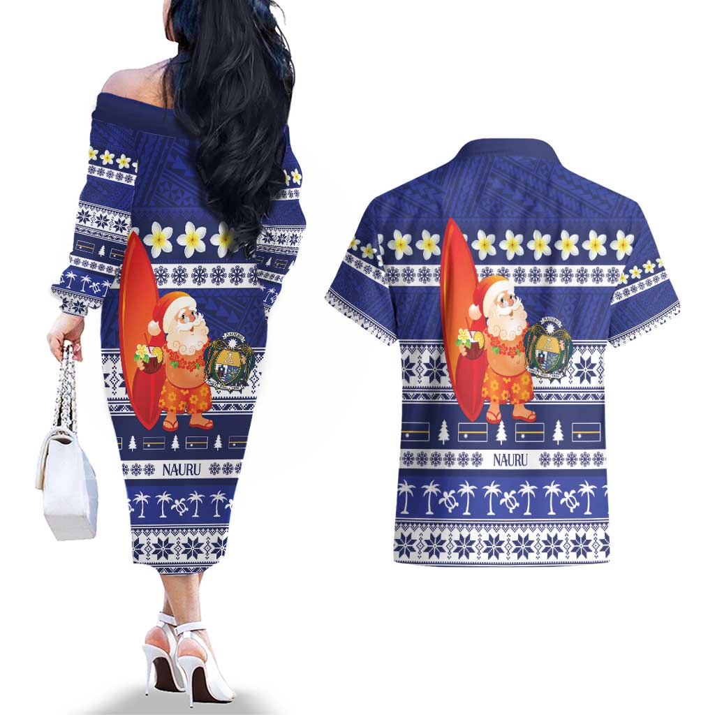 Nauru Christmas Couples Matching Off The Shoulder Long Sleeve Dress and Hawaiian Shirt Cute Santa Coat Of Arms Merry Xmas - Polynesian Pride