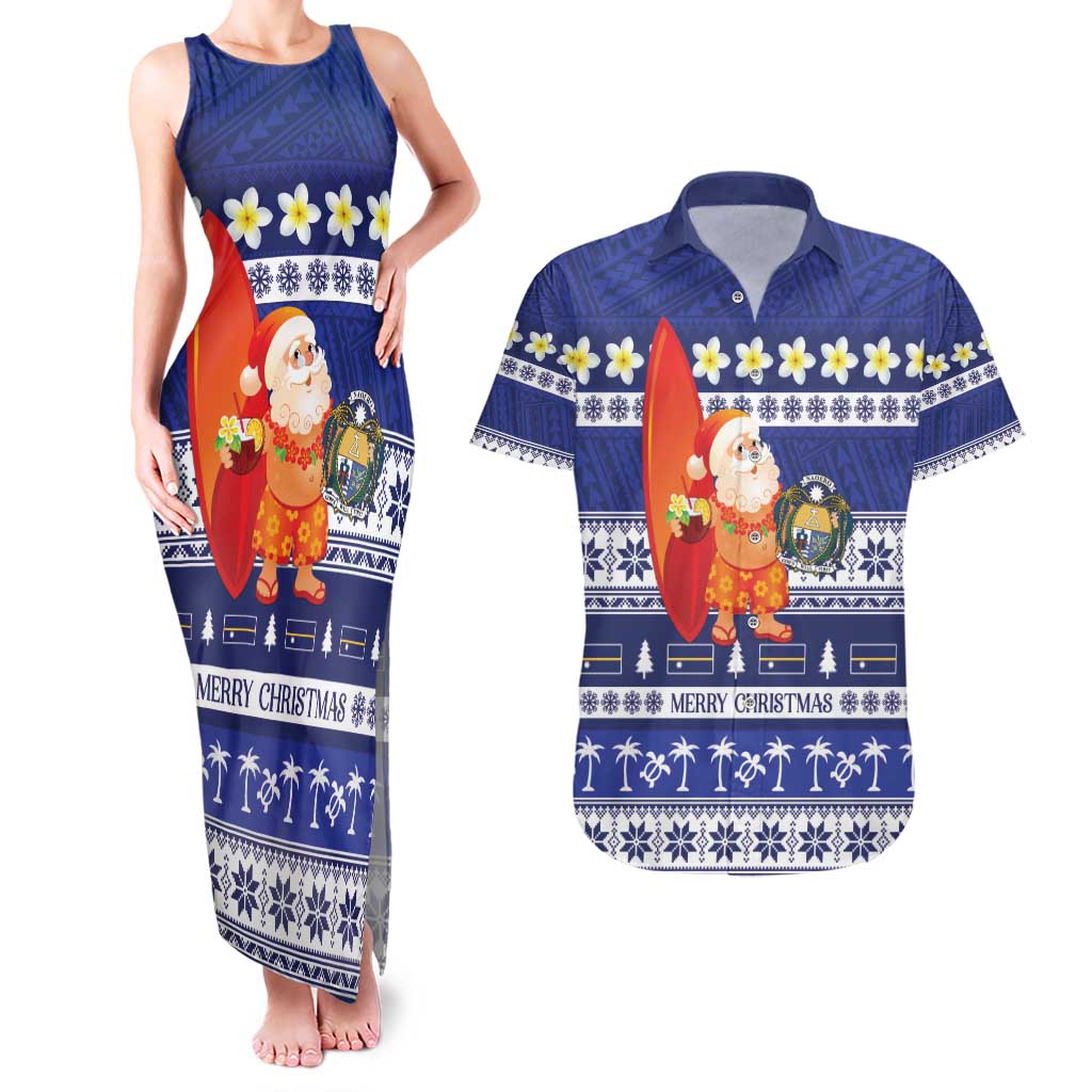 Nauru Christmas Couples Matching Tank Maxi Dress and Hawaiian Shirt Cute Santa Coat Of Arms Merry Xmas - Polynesian Pride