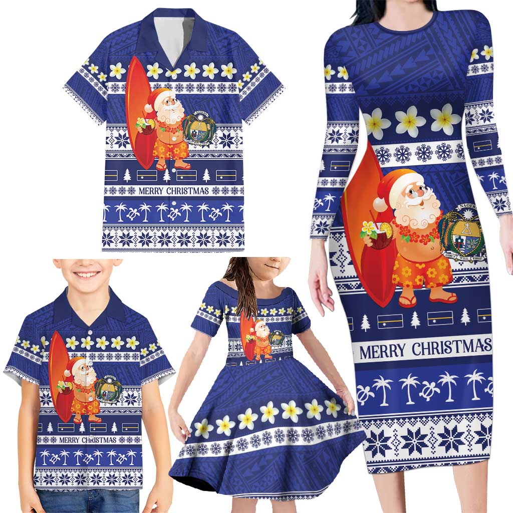 Nauru Christmas Family Matching Long Sleeve Bodycon Dress and Hawaiian Shirt Cute Santa Coat Of Arms Merry Xmas - Polynesian Pride