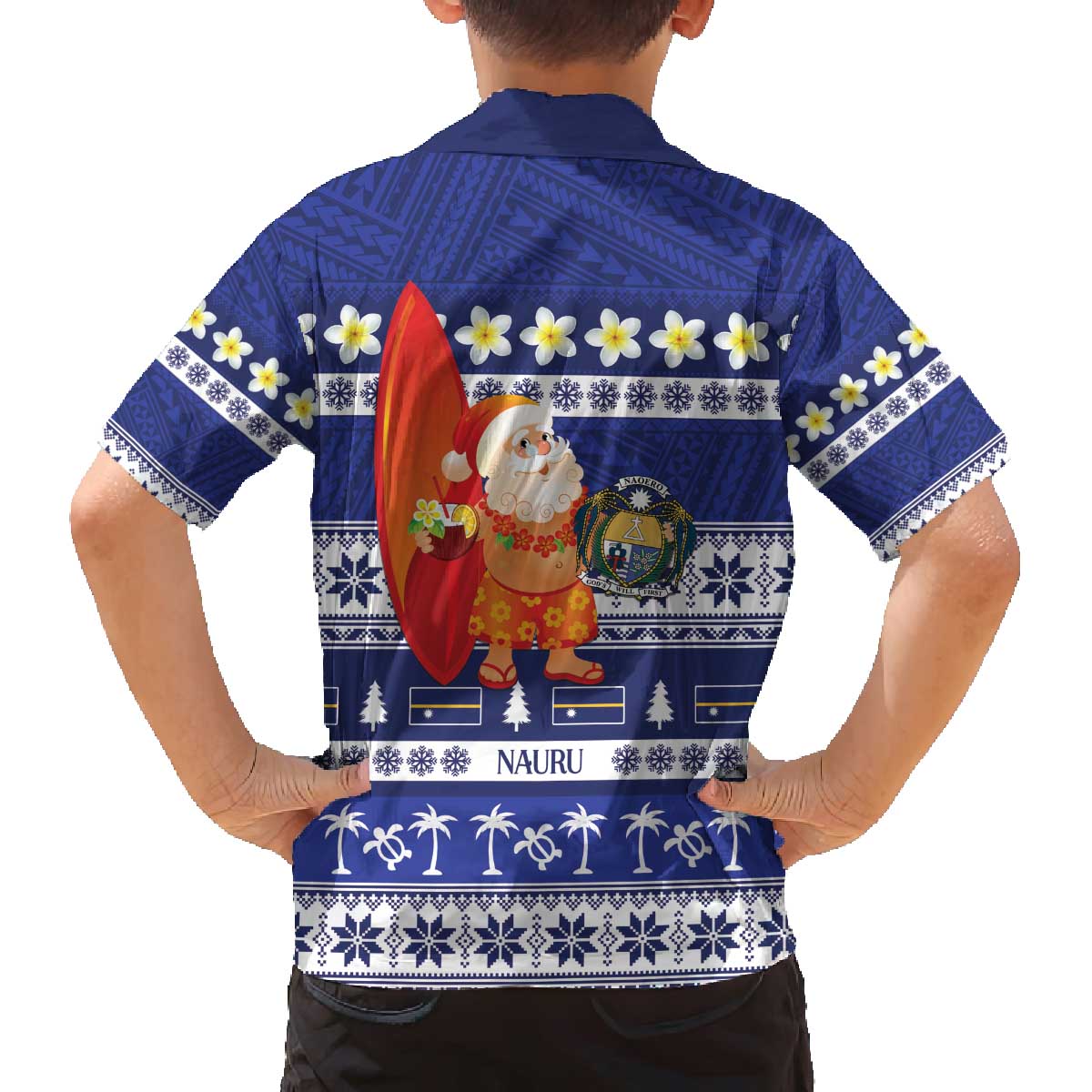 Nauru Christmas Family Matching Off The Shoulder Long Sleeve Dress and Hawaiian Shirt Cute Santa Coat Of Arms Merry Xmas - Polynesian Pride