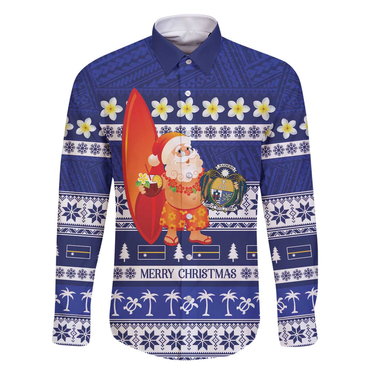 Nauru Christmas Family Matching Off The Shoulder Long Sleeve Dress and Hawaiian Shirt Cute Santa Coat Of Arms Merry Xmas - Polynesian Pride
