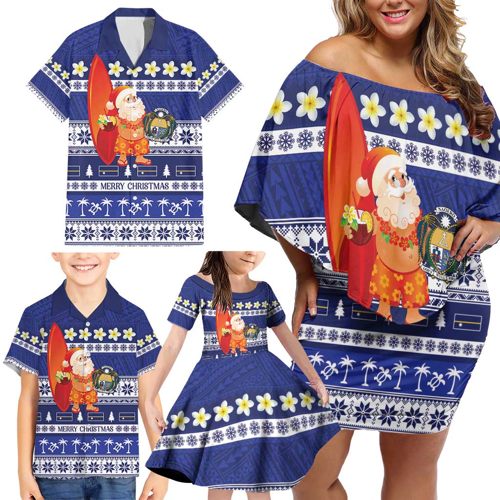 Nauru Christmas Family Matching Off Shoulder Short Dress and Hawaiian Shirt Cute Santa Coat Of Arms Merry Xmas - Polynesian Pride