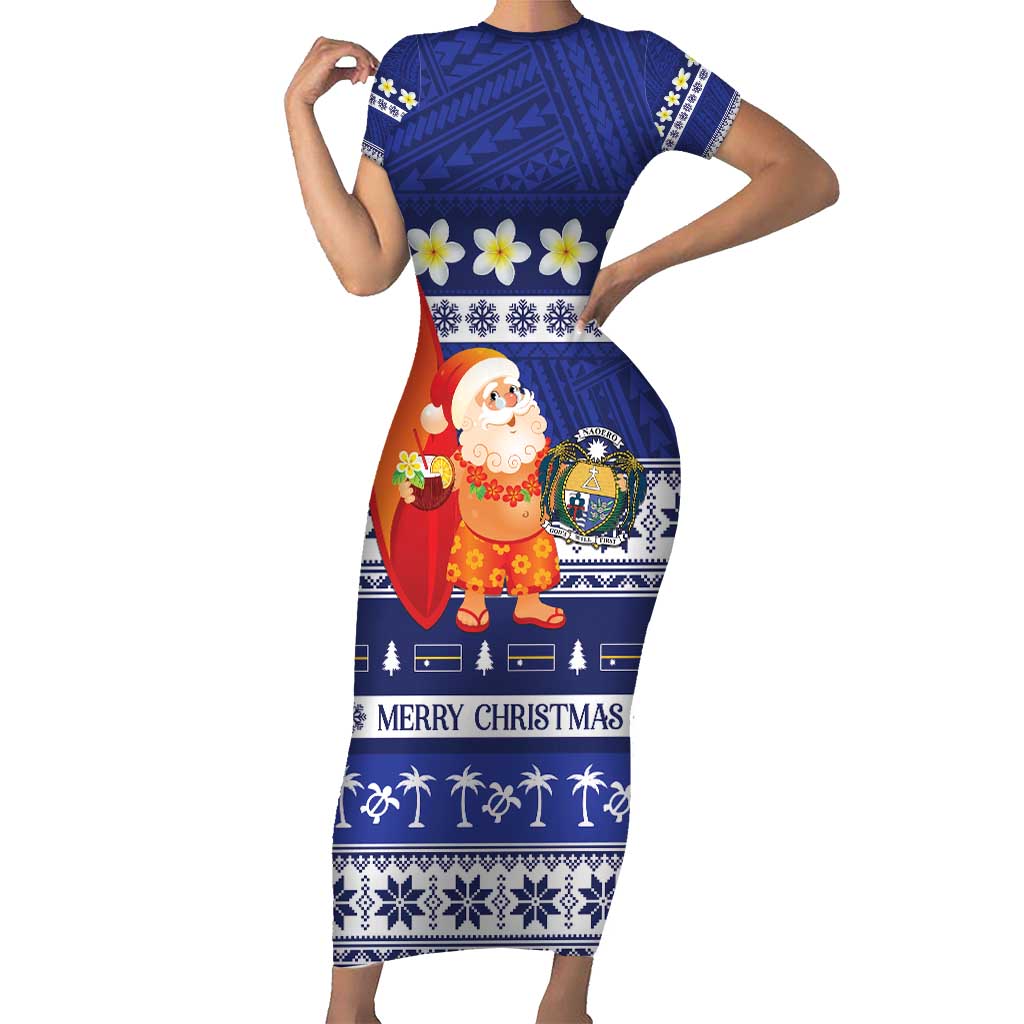 Nauru Christmas Family Matching Short Sleeve Bodycon Dress and Hawaiian Shirt Cute Santa Coat Of Arms Merry Xmas - Polynesian Pride