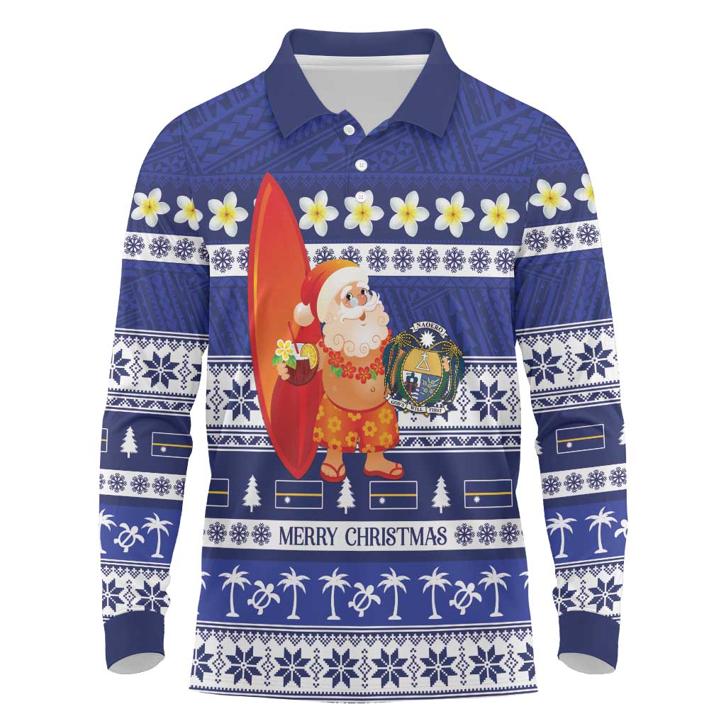 Nauru Christmas Long Sleeve Polo Shirt Cute Santa Coat Of Arms Merry Xmas - Polynesian Pride