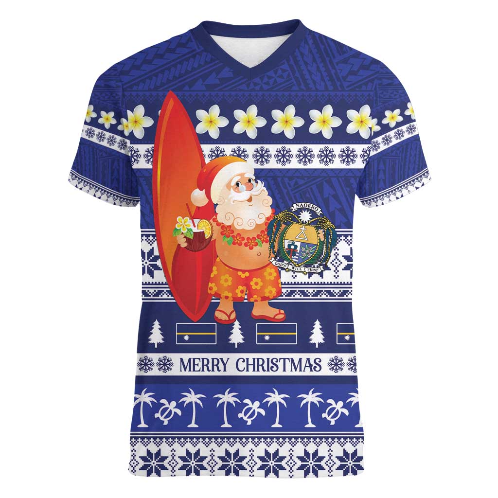 Nauru Christmas Women V-Neck T-Shirt Cute Santa Coat Of Arms Merry Xmas - Polynesian Pride