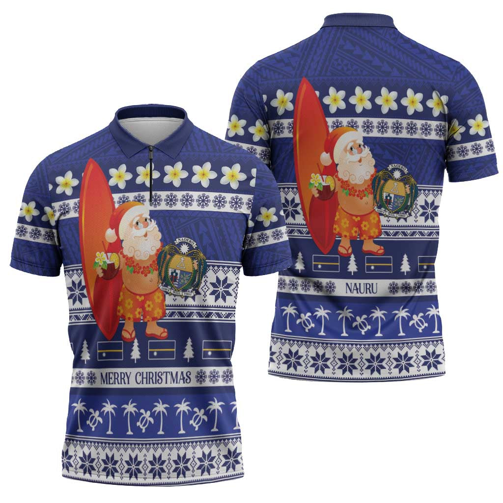 Nauru Christmas Zipper Polo Shirt Cute Santa Coat Of Arms Merry Xmas - Polynesian Pride