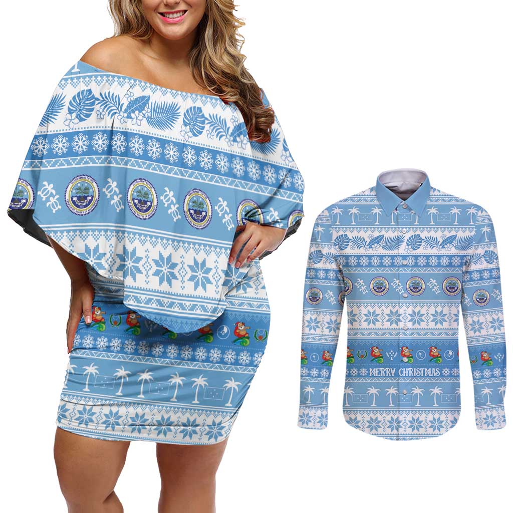 FSM Christmas Couples Matching Off Shoulder Short Dress and Long Sleeve Button Shirt Merry Xmas Federated States of Micronesia - Polynesian Pride