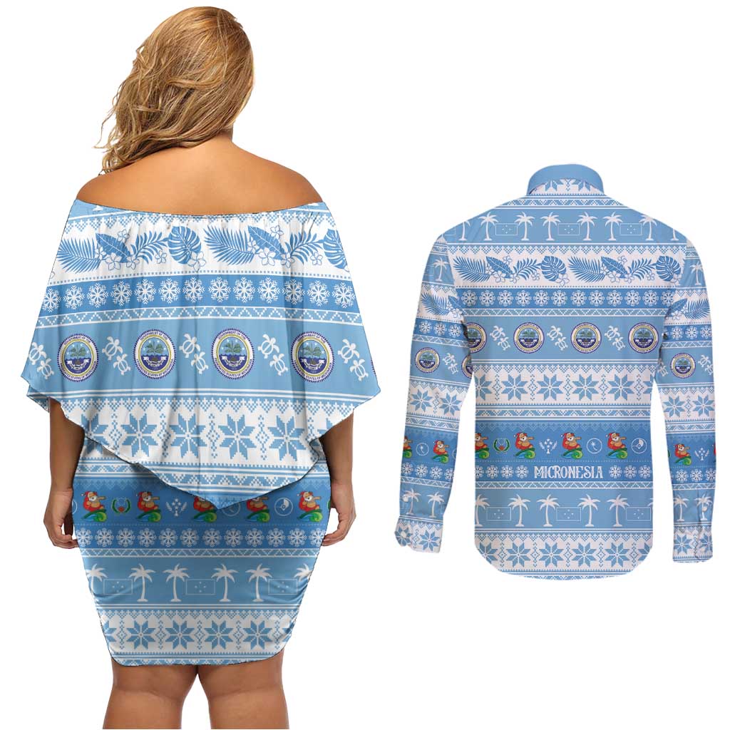 FSM Christmas Couples Matching Off Shoulder Short Dress and Long Sleeve Button Shirt Merry Xmas Federated States of Micronesia - Polynesian Pride