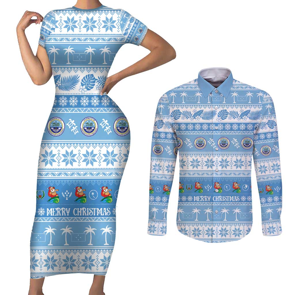 FSM Christmas Couples Matching Short Sleeve Bodycon Dress and Long Sleeve Button Shirt Merry Xmas Federated States of Micronesia - Polynesian Pride