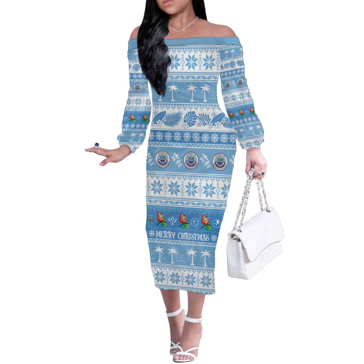 FSM Christmas Off The Shoulder Long Sleeve Dress Merry Xmas Federated States of Micronesia - Polynesian Pride