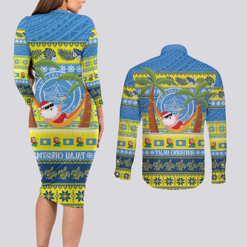 Palau Christmas Couples Matching Long Sleeve Bodycon Dress and Long Sleeve Button Shirt Chilling Santa Ungil Kurismas - Polynesian Pride