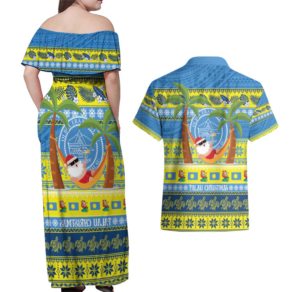 Palau Christmas Couples Matching Off Shoulder Maxi Dress and Hawaiian Shirt Chilling Santa Ungil Kurismas - Polynesian Pride