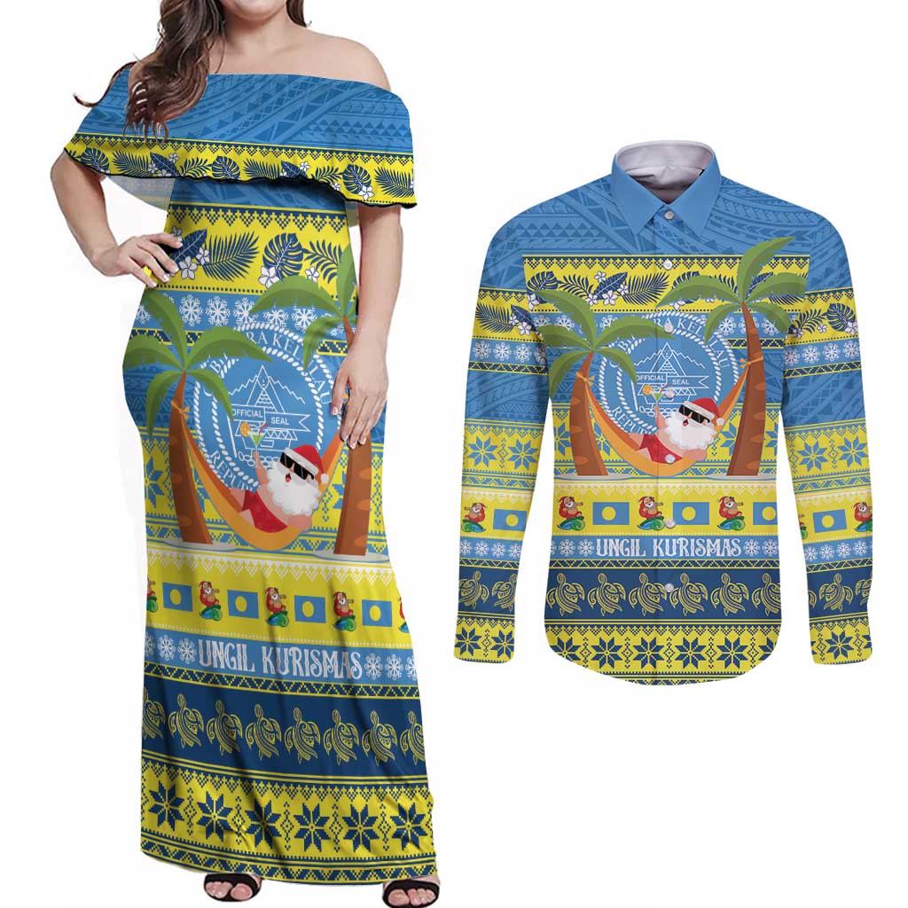 Palau Christmas Couples Matching Off Shoulder Maxi Dress and Long Sleeve Button Shirt Chilling Santa Ungil Kurismas - Polynesian Pride