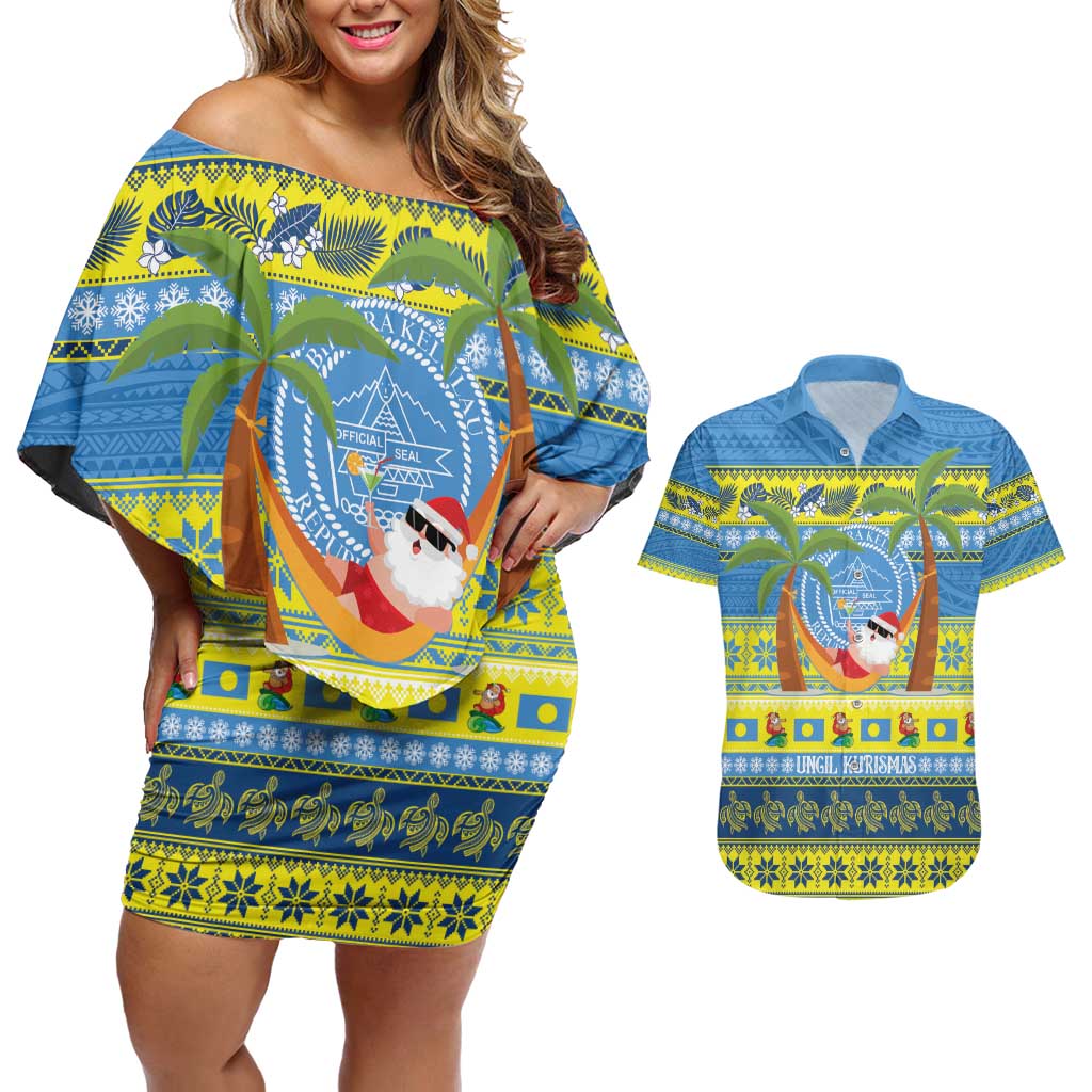 Palau Christmas Couples Matching Off Shoulder Short Dress and Hawaiian Shirt Chilling Santa Ungil Kurismas - Polynesian Pride
