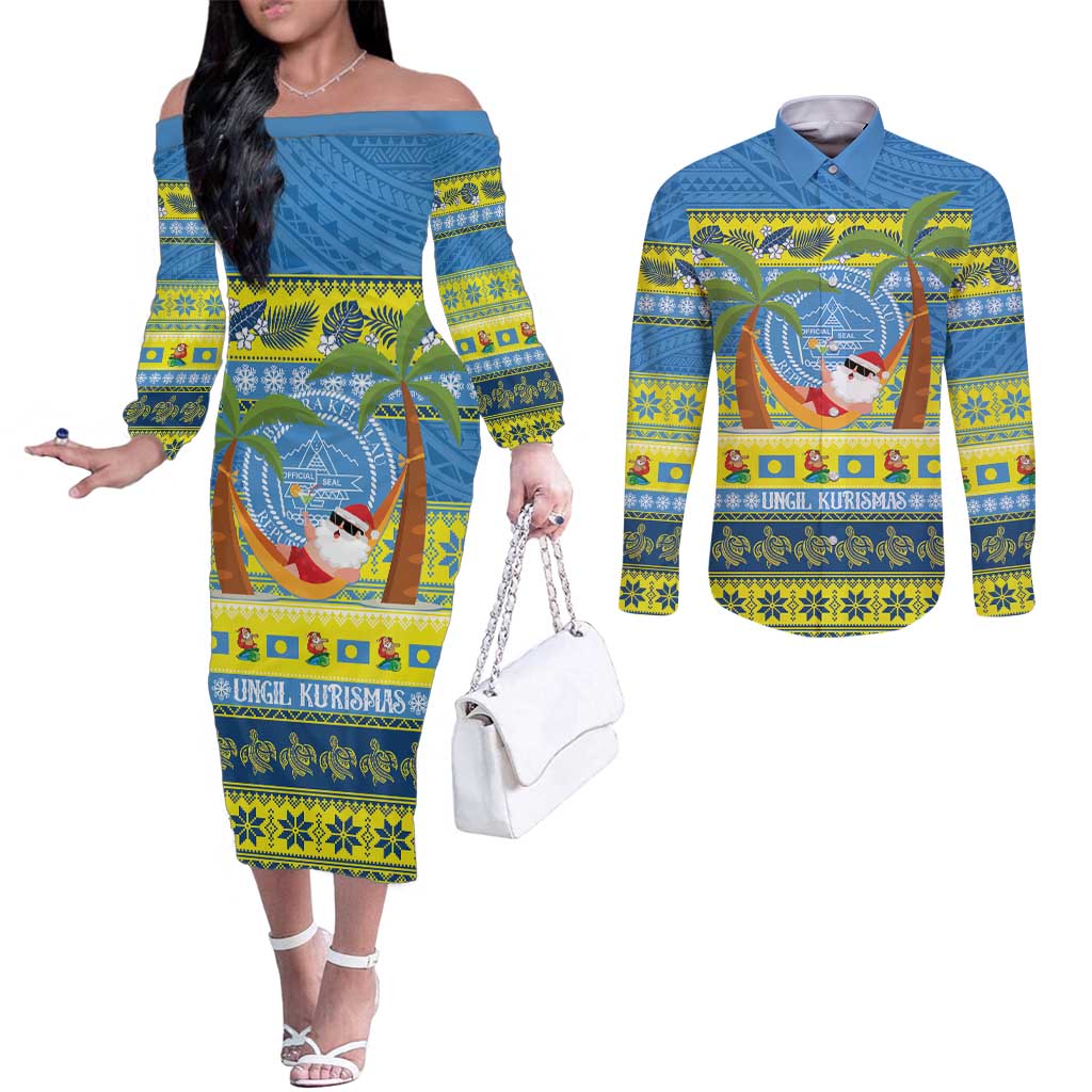 Palau Christmas Couples Matching Off The Shoulder Long Sleeve Dress and Long Sleeve Button Shirt Chilling Santa Ungil Kurismas - Polynesian Pride