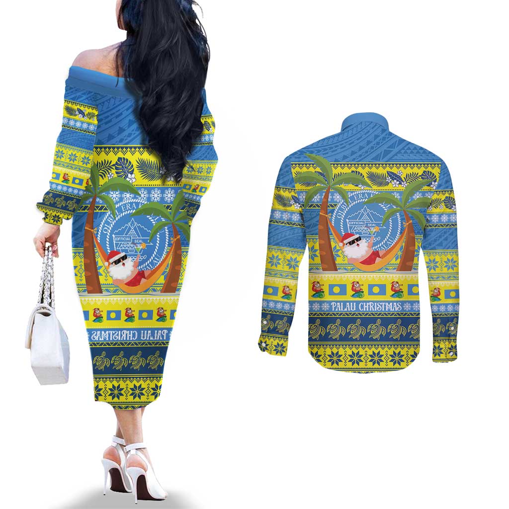 Palau Christmas Couples Matching Off The Shoulder Long Sleeve Dress and Long Sleeve Button Shirt Chilling Santa Ungil Kurismas - Polynesian Pride
