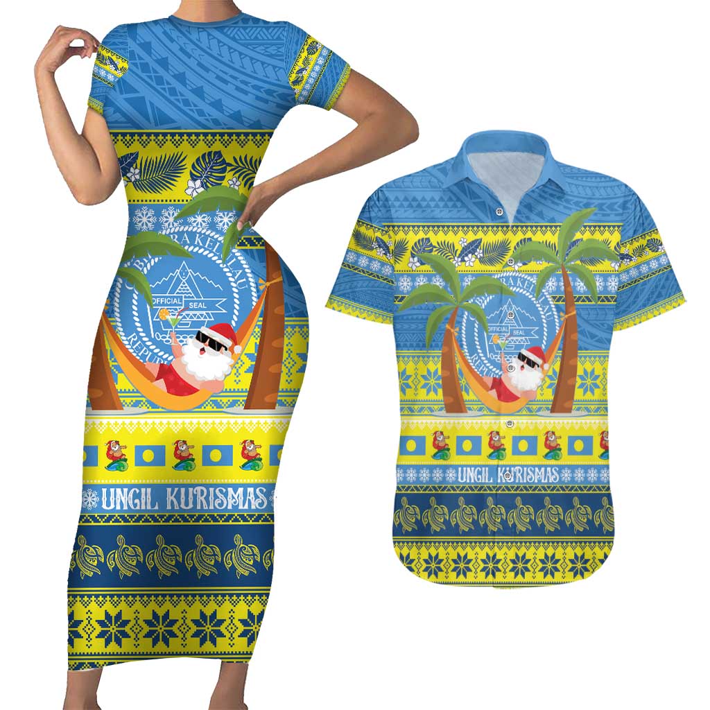 Palau Christmas Couples Matching Short Sleeve Bodycon Dress and Hawaiian Shirt Chilling Santa Ungil Kurismas - Polynesian Pride