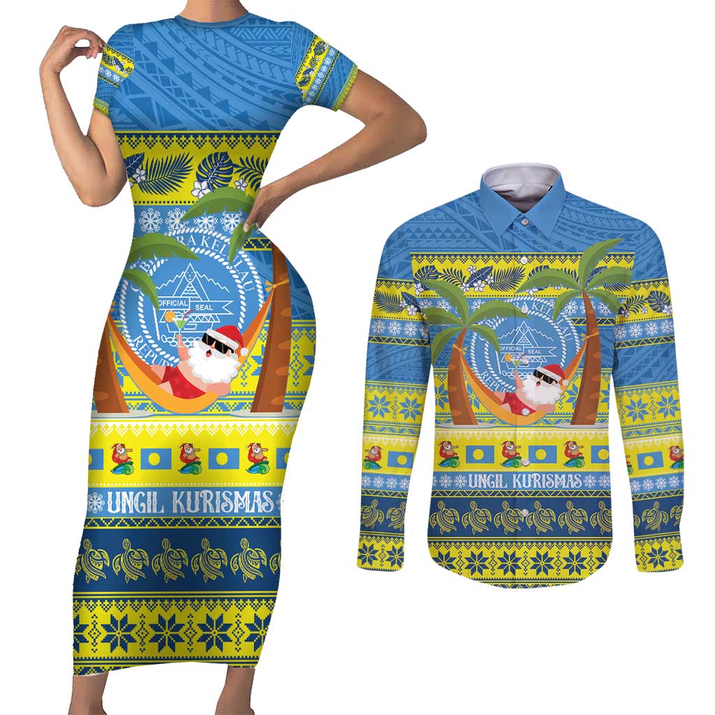 Palau Christmas Couples Matching Short Sleeve Bodycon Dress and Long Sleeve Button Shirt Chilling Santa Ungil Kurismas - Polynesian Pride