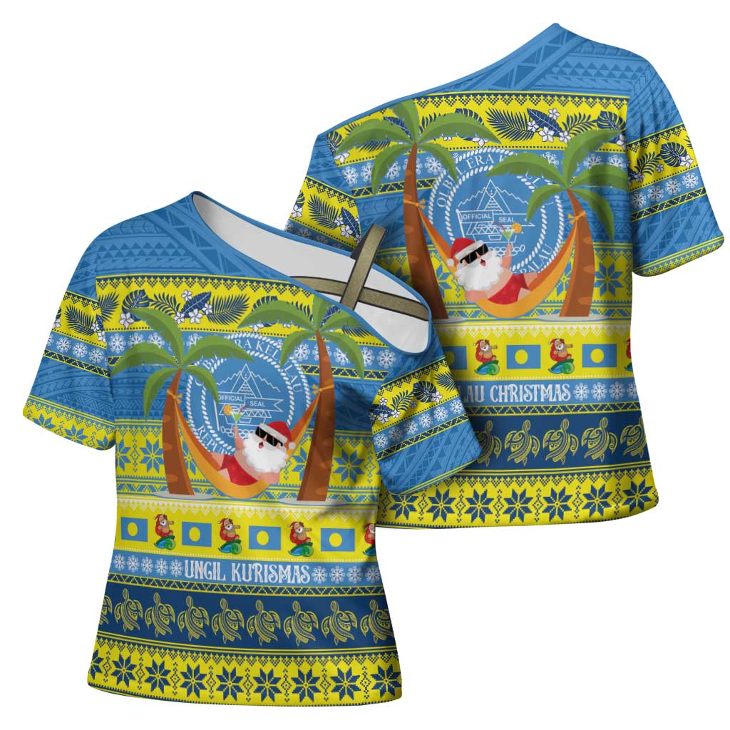 Palau Christmas Cross Shoulder Shirt Chilling Santa Ungil Kurismas - Polynesian Pride
