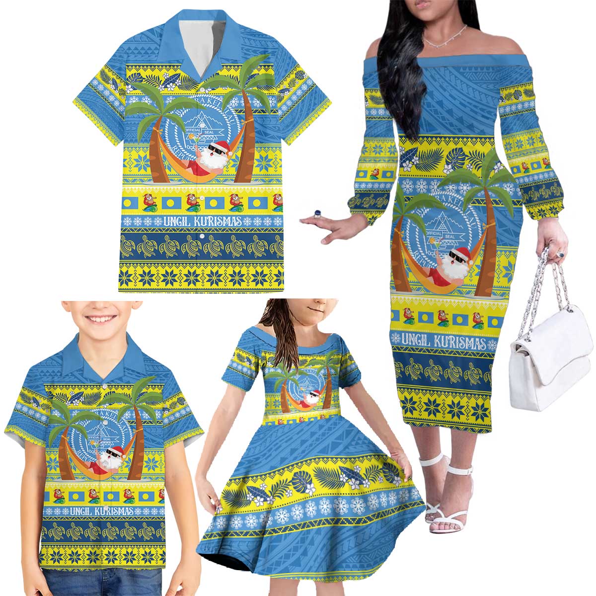 Palau Christmas Family Matching Off The Shoulder Long Sleeve Dress and Hawaiian Shirt Chilling Santa Ungil Kurismas - Polynesian Pride