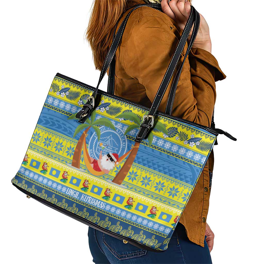 Palau Christmas Leather Tote Bag Chilling Santa Ungil Kurismas - Polynesian Pride